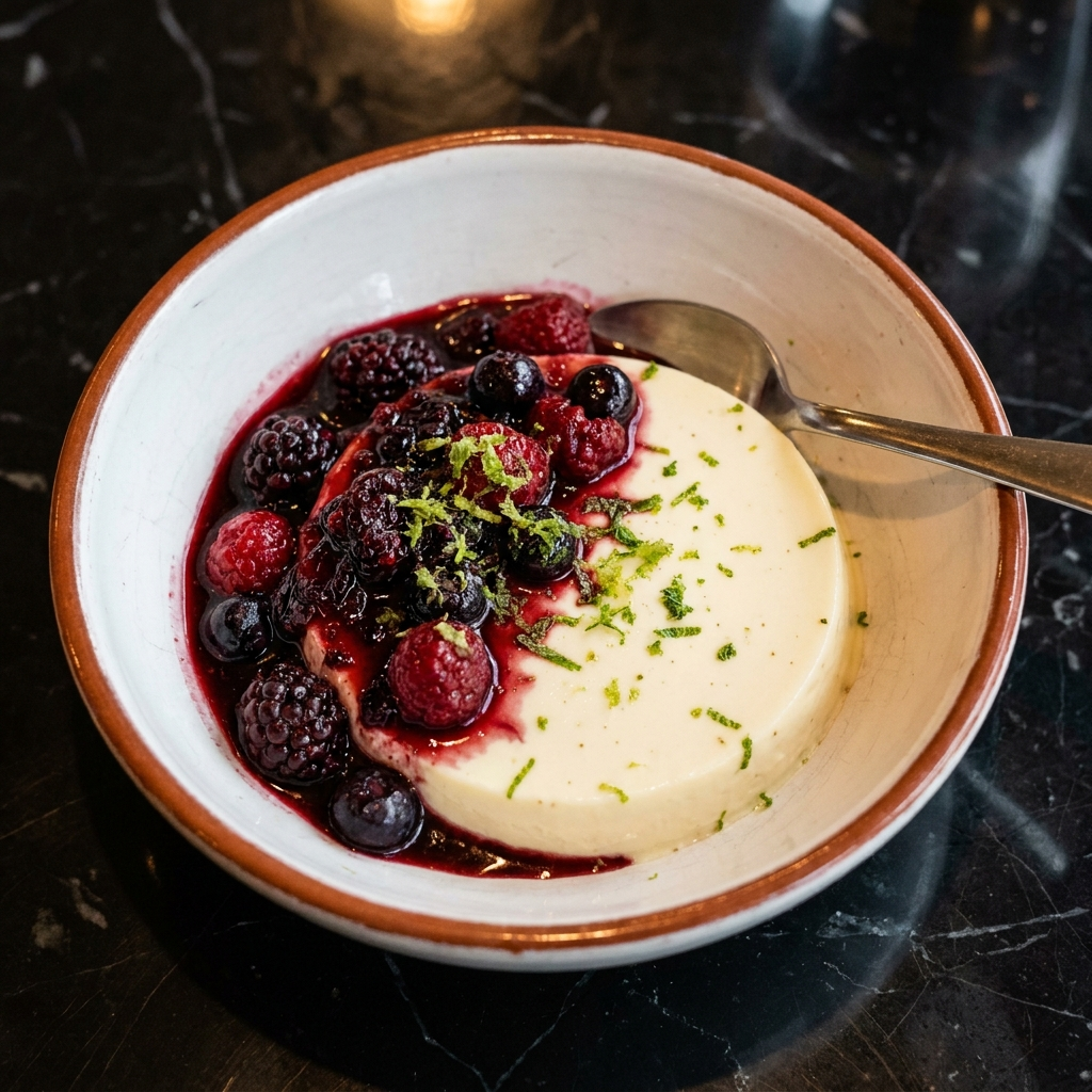 Panna cotta dessert at Moderna — vanilla bean cream, berry coulis