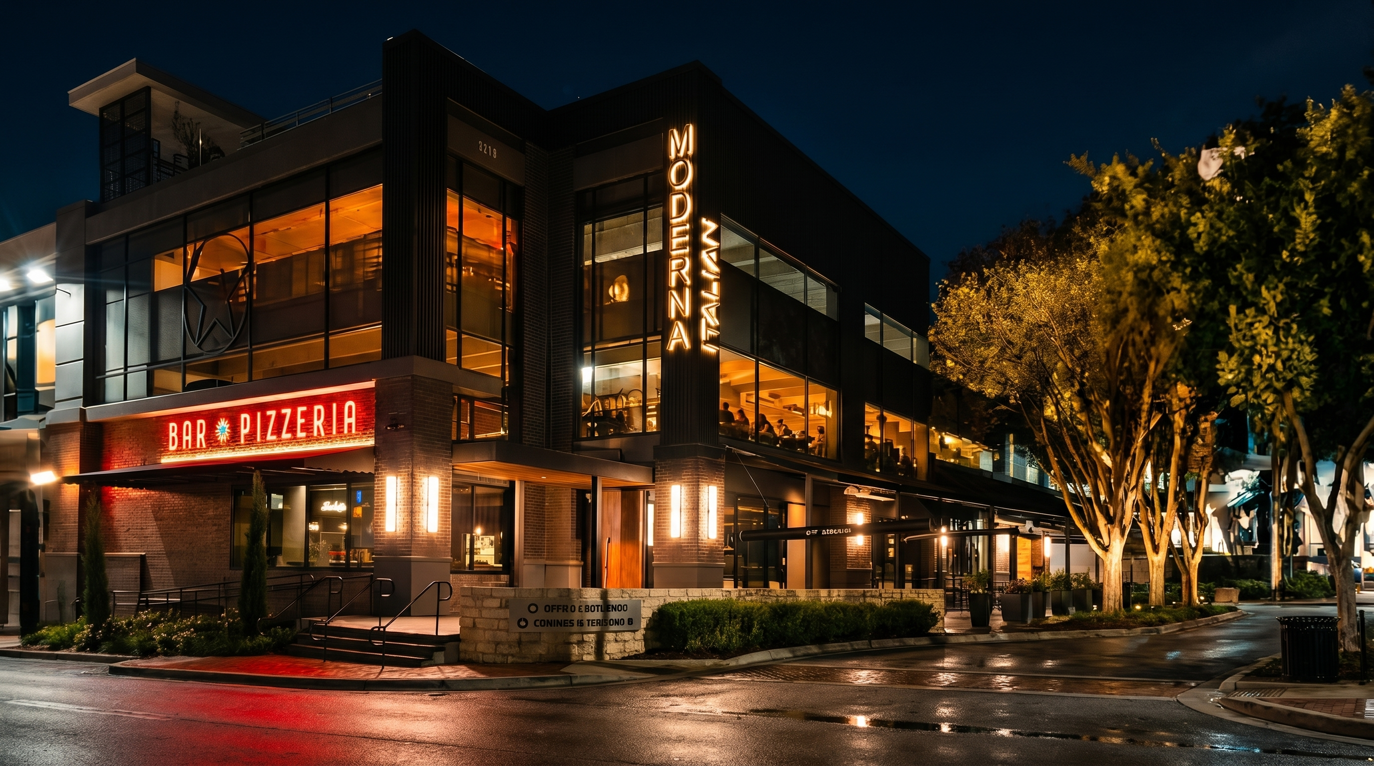 Moderna Bar & Pizzeria storefront on West 6th Street, Austin at night