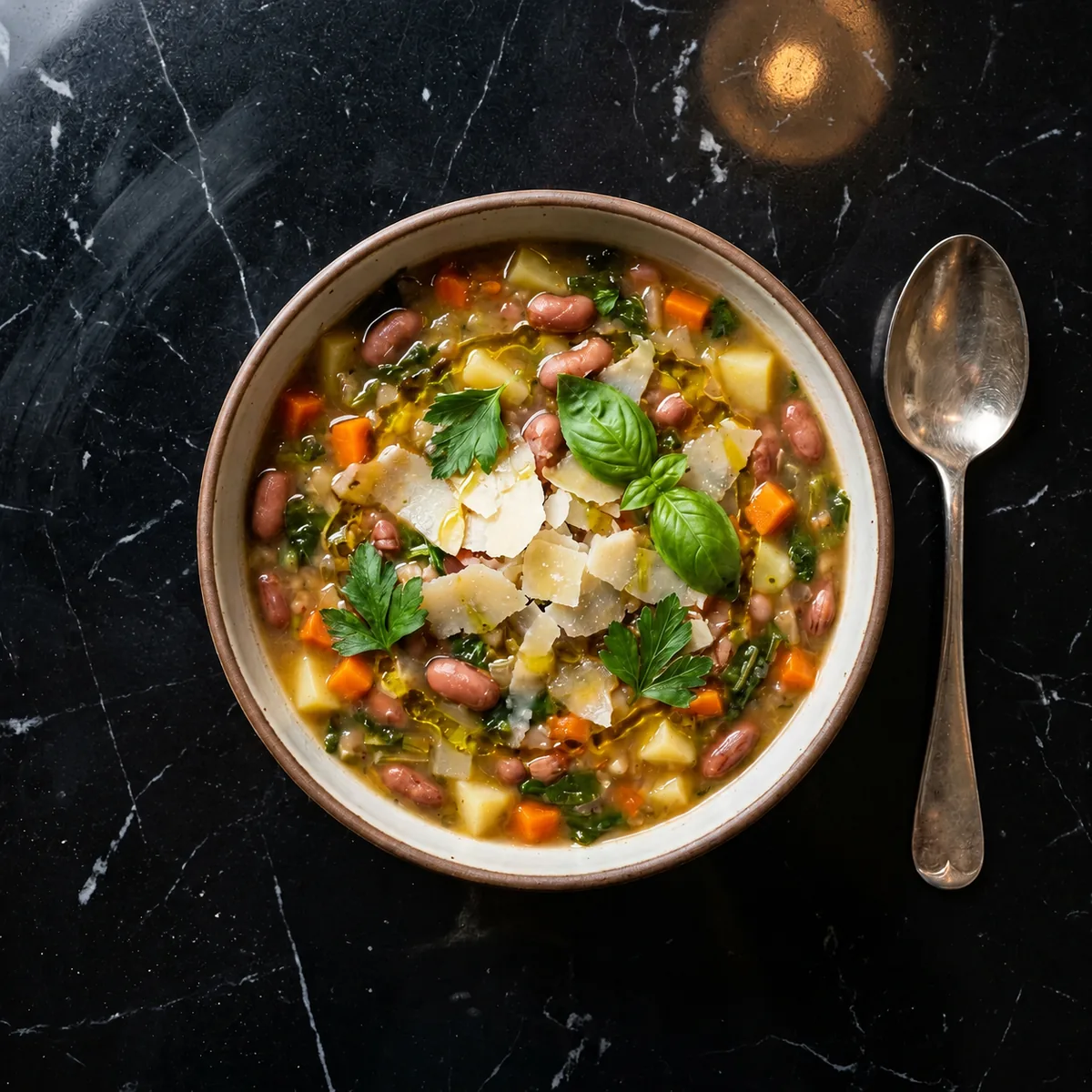 Zuppa del Giorno — house-made vegetable and bean soup with basil and shaved Parmigiano