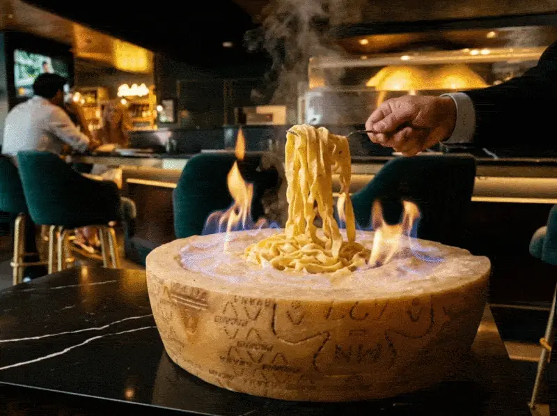 Tagliatelle alla Ruota — fresh pasta tossed tableside inside a flaming Grana Padano wheel