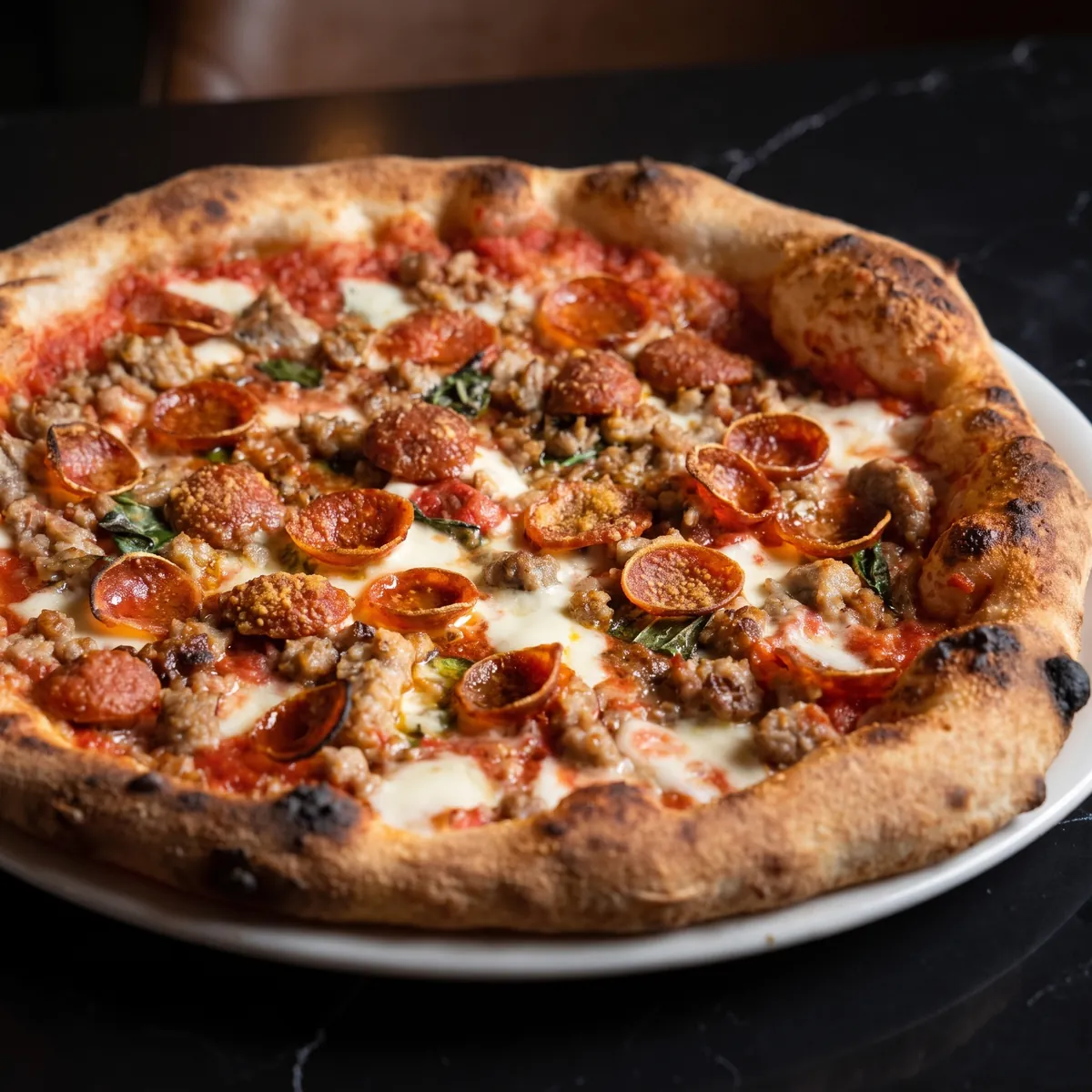 Mangia Carne pizza with meatballs, pepperoni, and Italian sausage