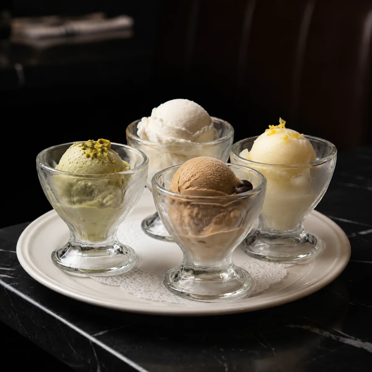Gelato — Pistachio, Espresso, Vaniglia and Limone Sorbet served in four separate cups