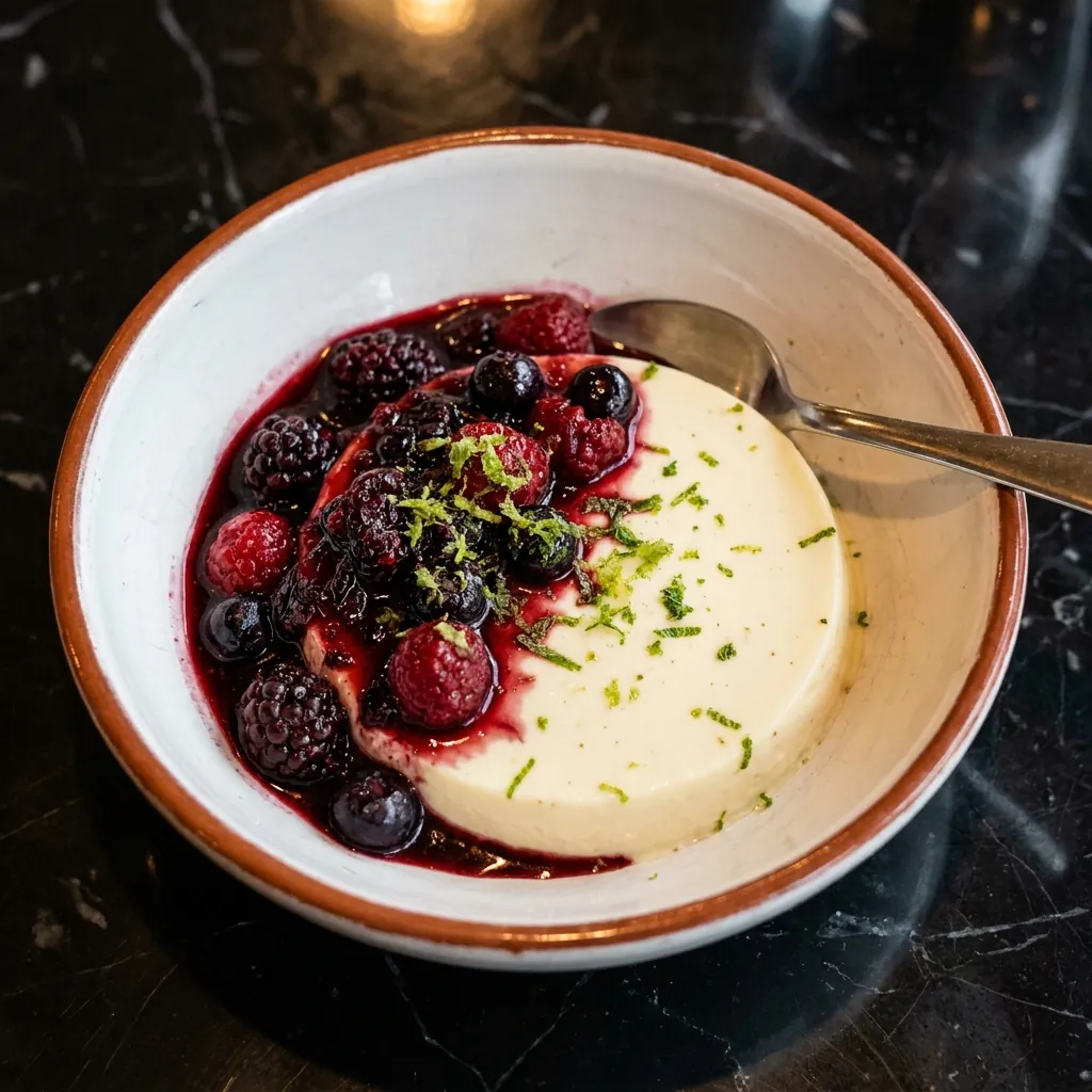 Panna cotta dessert at Moderna — vanilla bean cream, berry coulis