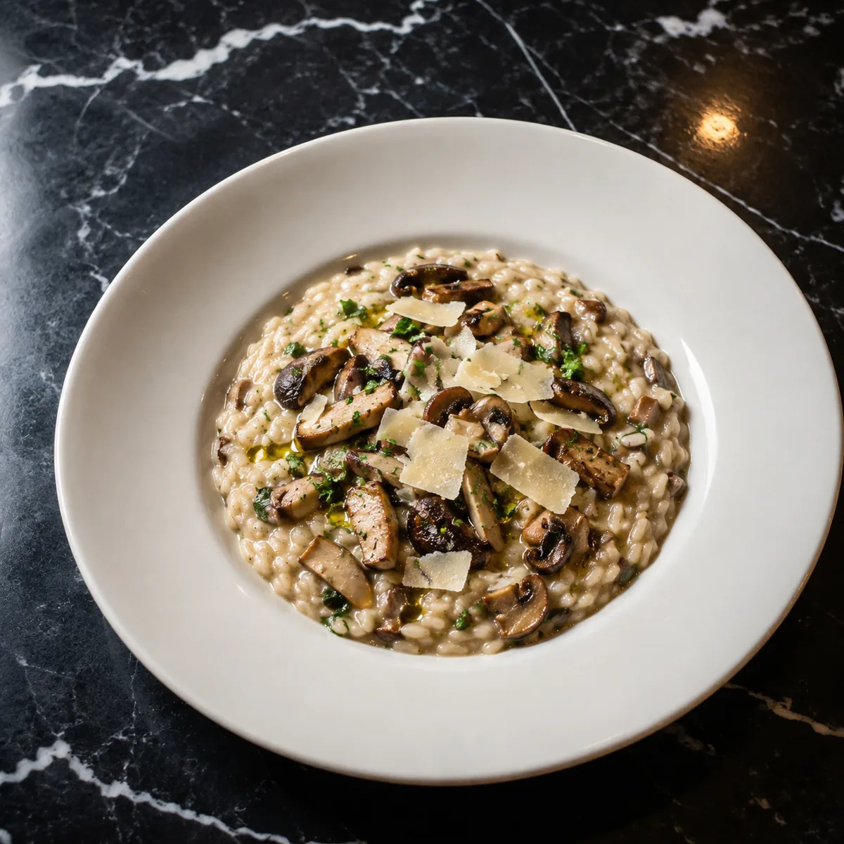 Signature Risotto of the Day — creamy mushroom arborio risotto finished with shaved cheese and fresh herbs