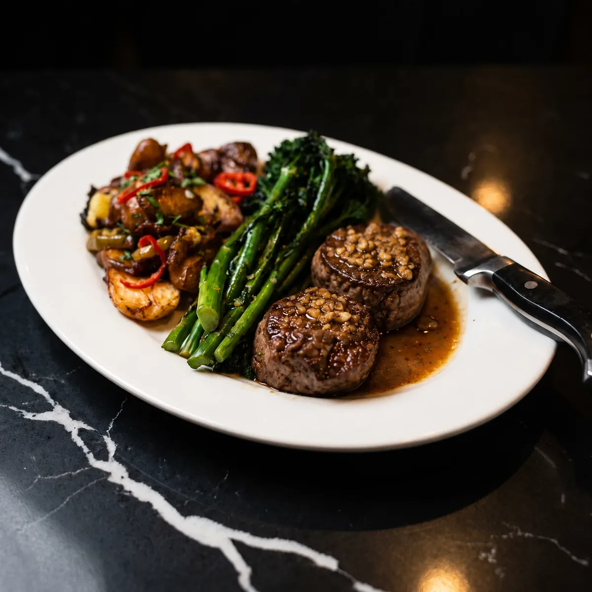 Beef Medallions — two beef tenderloin medallions with veal jus, crispy smashed potatoes and charred broccolini