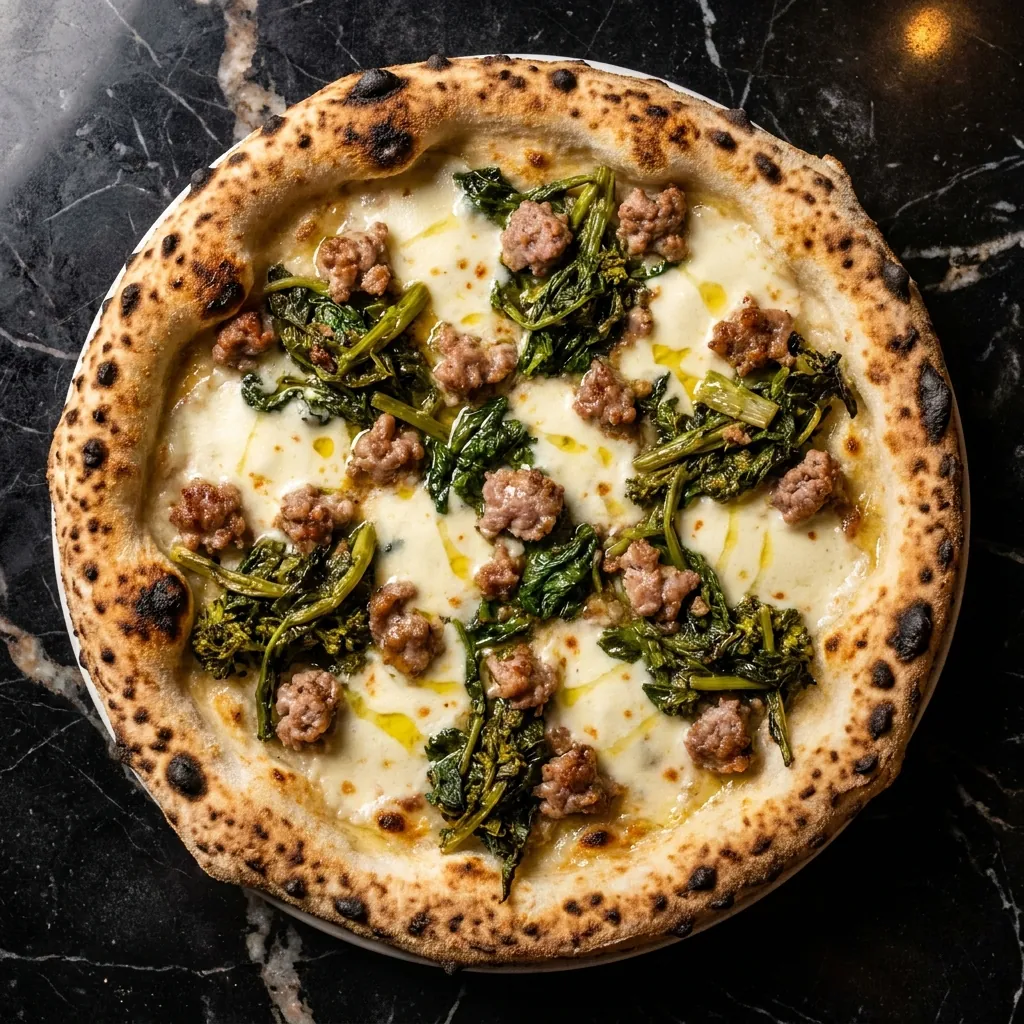Salsiccia e Friarielli pizza with fennel sausage, broccoli rabe, and roasted garlic