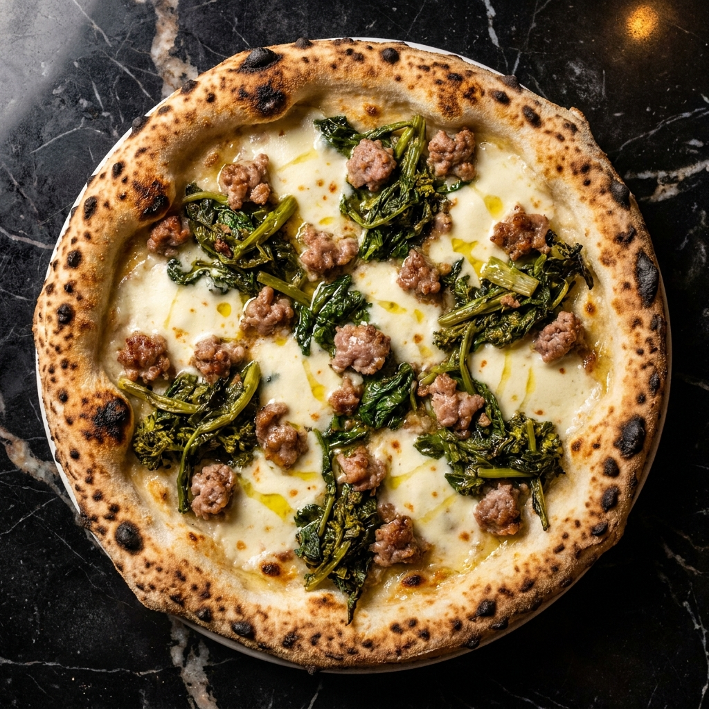 Salsiccia e Friarielli pizza with fennel sausage, broccoli rabe, and roasted garlic