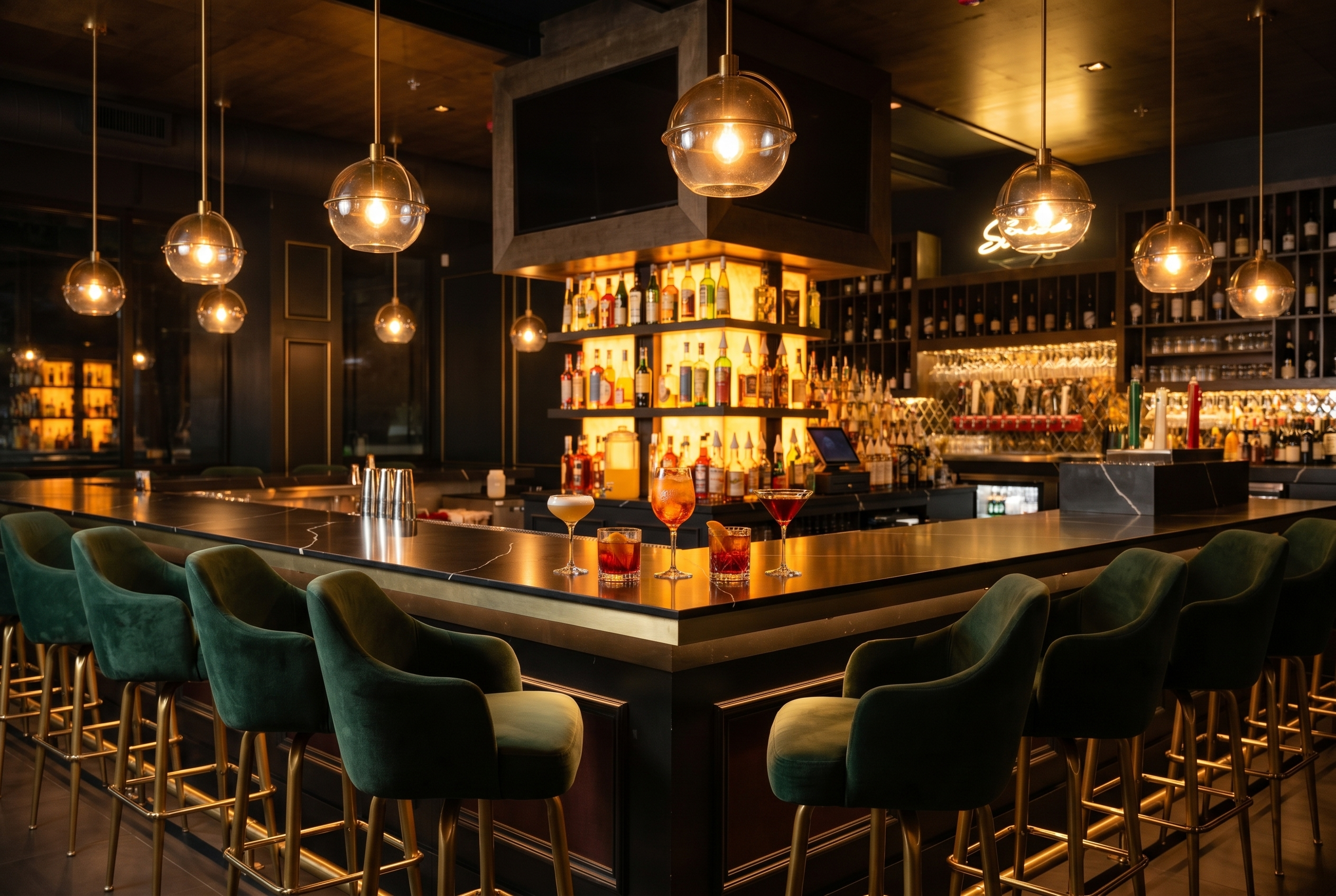Black marble cocktail bar with gold trim, Moderna Bar & Pizzeria, Austin